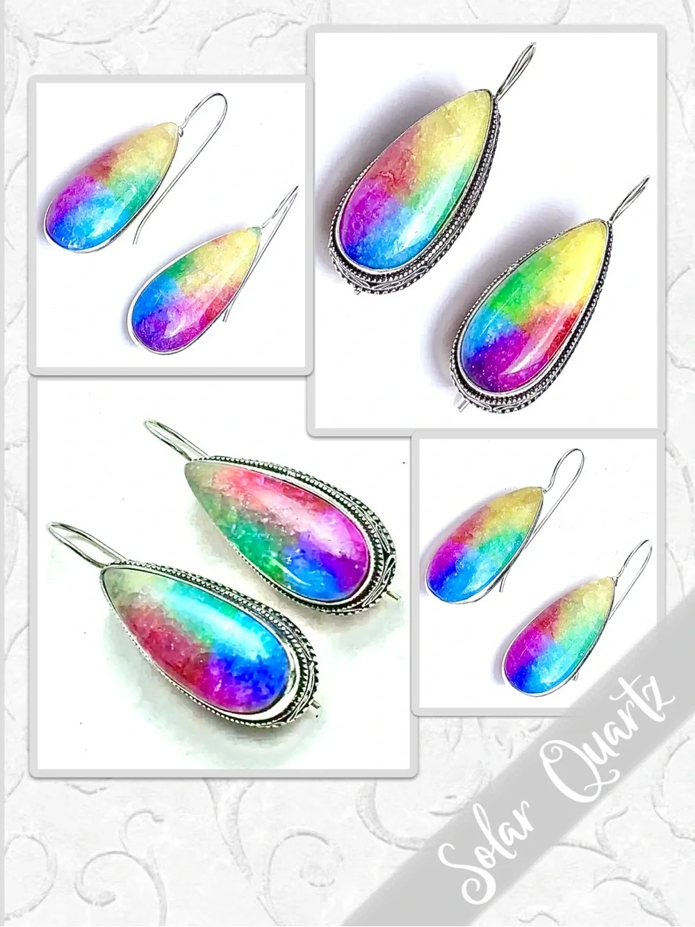Rainbow Solar Quartz Silver Drop Dangle Earrings, Blue, Green, Yellow, Red, Pink